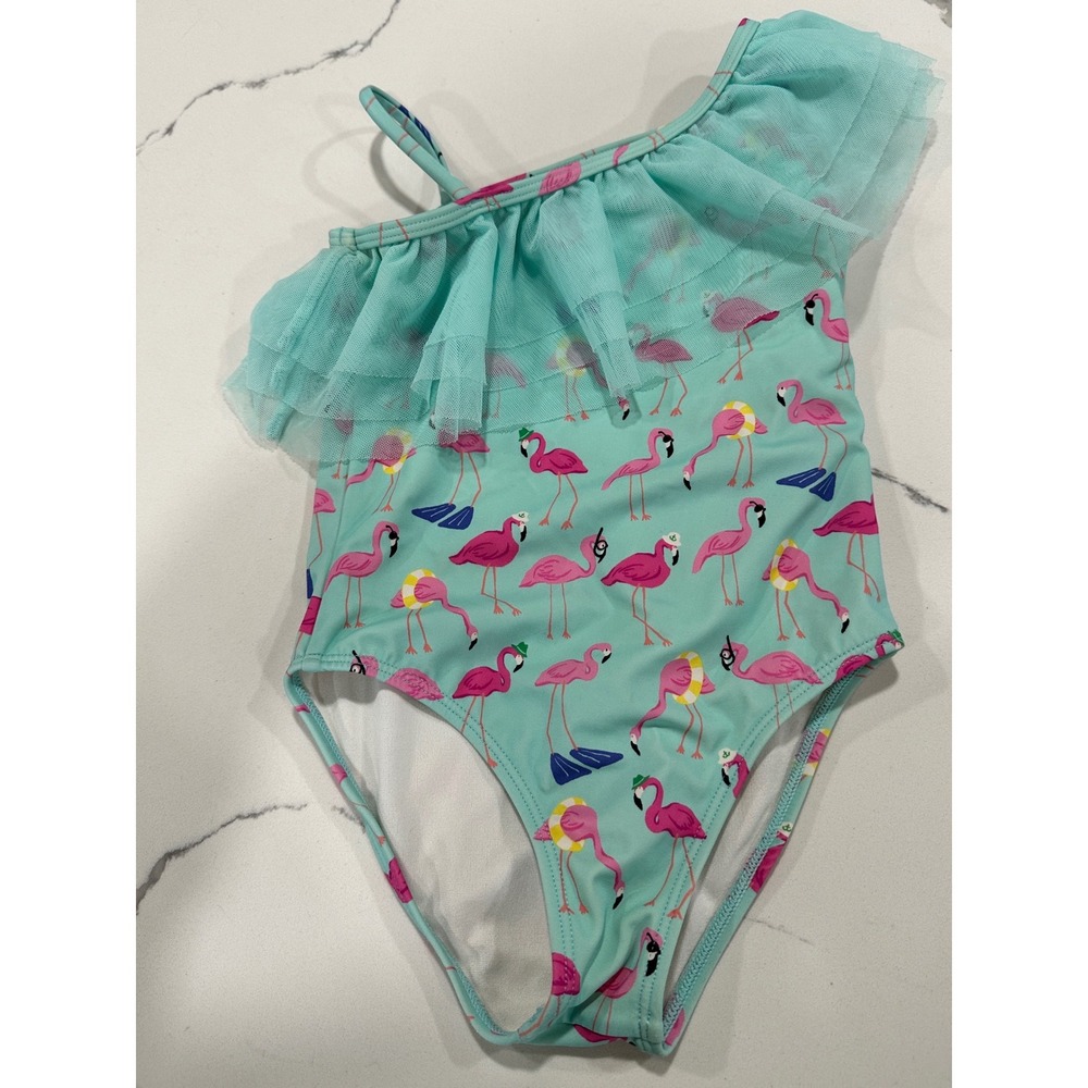 Janie and Jack Girls Flamingo One Shoulder Ruffle Swimsuit Mint Green Pink 4